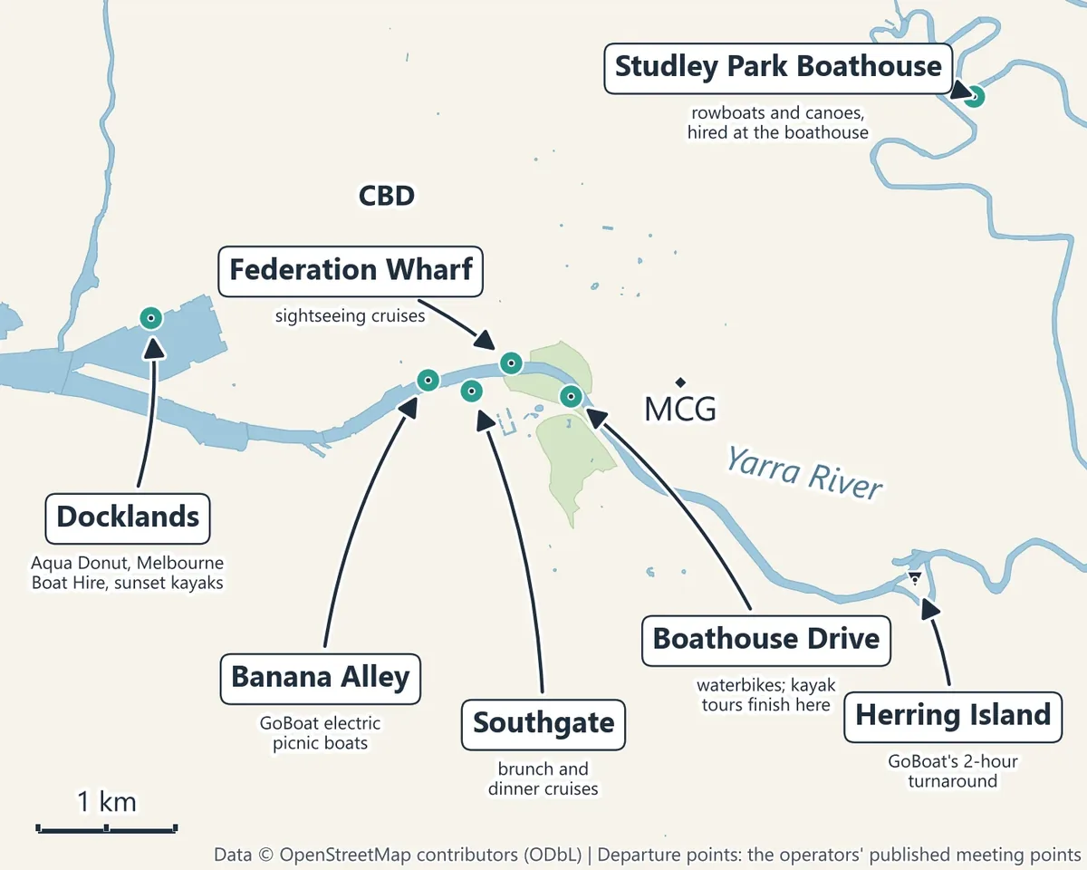 Map of the Yarra in Melbourne with the boat hire and cruise departure points: Docklands, Banana Alley, Southgate, Federation Wharf, Boathouse Drive, Herring Island and Studley Park Boathouse